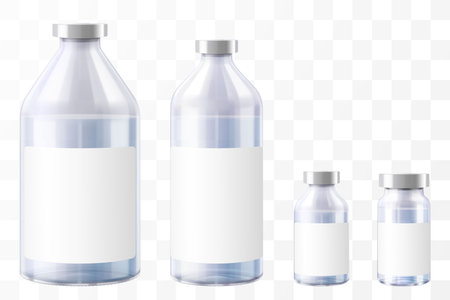 Medical Bottles. Glass Pharmacy Bottle. Drug Vial Blank. Vitamin Jar Template with Screw Lid Design. Essential Aromatic Oil Container Mockup without Label. Round Medicine Storage. Realistic 3d vectorのイラスト素材