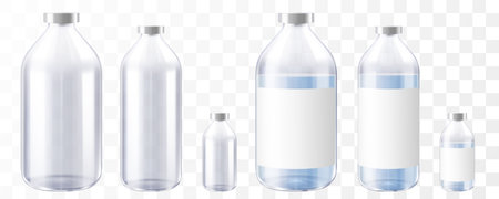 Medical Bottles. Glass Pharmacy Bottle. Drug Vial Blank. Vitamin Jar Template with Screw Lid Design. Essential Aromatic Oil Container Mockup without Label. Round Medicine Storage. Realistic 3d vectorのイラスト素材