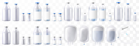 Transparent glass bottles for injections mockup. Vector illustration isolated on white background. Can be used for medicine, cosmetic and other. Ready for your design. EPS10. Realistic 3d vectorのイラスト素材