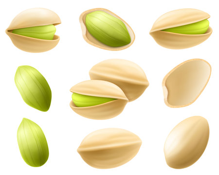 Set of realistic pistachios in 3d style. Pistachios in shell and without shell isolated on white background. Natural organic food. Design element for nuts packaging, advertising. Vector illustration.のイラスト素材