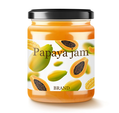 Papaya jam in glass jar and fresh papaya fruit isolated on a white background. Glass of papaya spread design element. Papaya jam jar icon. Realistic 3d vector illustration.のイラスト素材