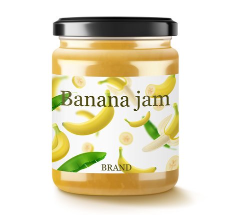 Banana jam in glass jar and fresh banana fruit isolated on white background. Glass of banana marmalade design element. Banana jam jar icon. Realistic 3d vector illustration. Mockup for your brand.のイラスト素材