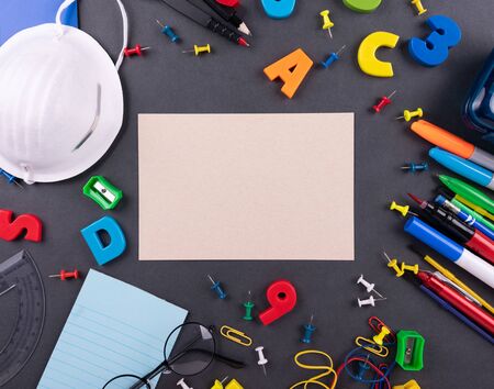 School stationery supplies,Health care concept. Back to school, Education. Real life 2020. during the Corona-virus Disease Pandemic, school reopening.の写真素材