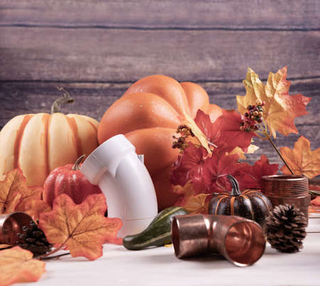 Happy Thanksgiving with construction tools, maple leaves and pumpkin on wood background.
Autumn composition with copy space. Plumber Thanksgiving. Top view.の写真素材