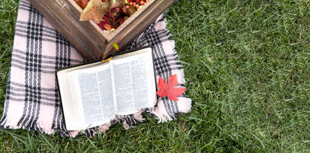 Bible in autumn with blanket , basket and some leaf.