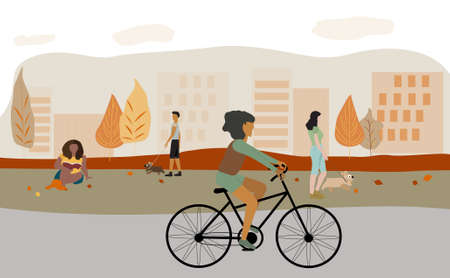 People doing various outdoor activities in the park in Autumn background.のイラスト素材