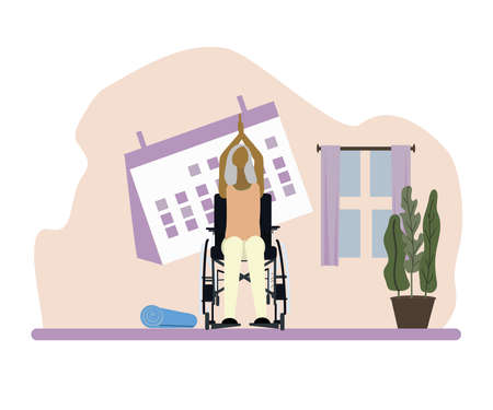 Disabled old woman in wheelchair practice yoga several times a week. vector illustrationのイラスト素材
