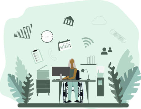 Disabled woman in wheelchair performs many tasks simultaneously in the office. Vector flat illustrationのイラスト素材
