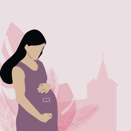Pregnant woman on a pink background holding her belly with church and palm silhouette. Christian Religion concept.のイラスト素材