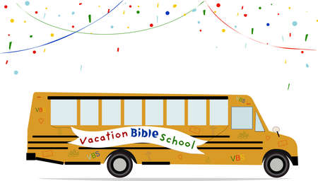 School bus with Vacation Bible School text VBS vector illustration, church icons and confetti....