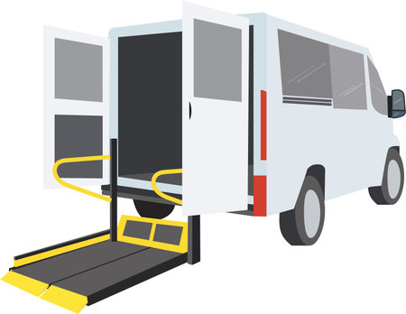 A specialized vehicle with Yellow bar and handrail, Bus Using Access Ramp for people with disabilities and elderly. Wheelchair taxi concept.のイラスト素材