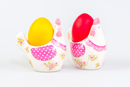 Two painted eggs in a decorative stand for Easterの写真素材