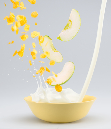 flying diet vegetarian Breakfast cereal milk applesの写真素材