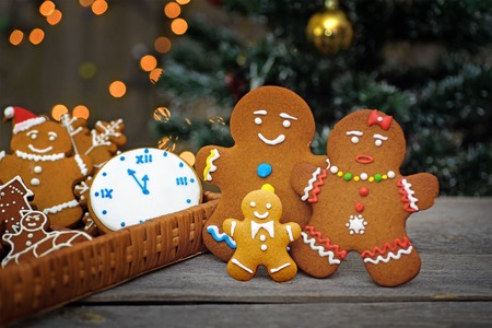 Christmas card with gingerbread men, background bokeの写真素材