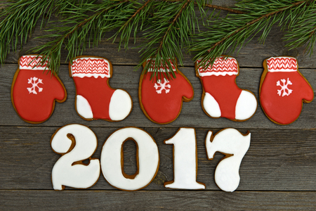 New year 2017, Christmas gingerbreads wooden backgroundの写真素材