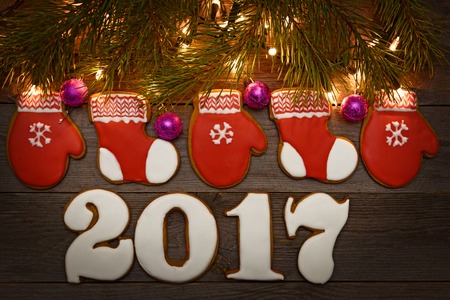New year 2017 , Christmas gingerbreads wooden backgroundの写真素材