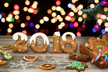 Christmas background with Christmas cookies, decoration and spices, 2018の写真素材