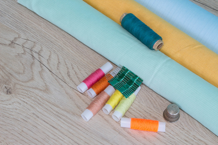 Furniture and equipment for sewing in designer sewing workshop. tools for sewing for hobby