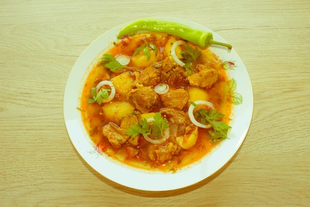 A bowl of delicious beef and tomato, potato. beef noodle - Retro colorの写真素材