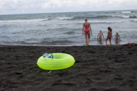 yellow Floating Ring on beach. Travel or sea vacations concept. Beach lifeの写真素材