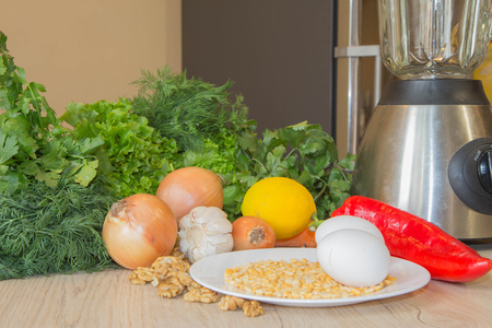Healthy eating - healthy food on table - on wooden background. weight loss and healthy dietの写真素材