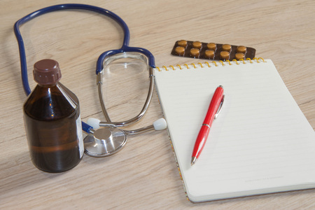 doctor workplace with a stethoscope. Medical equipment. Health and medical conceptの写真素材