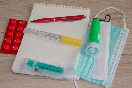 Doctor s table, tools, medical instruments, therapist tonometer, work in hospital. Medical concept...