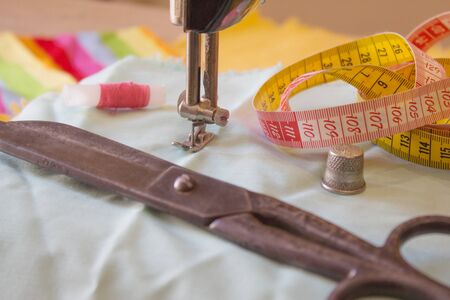 tailor workspace with sewing and handmade tools. tools for sewing for hobby. Sewing kit