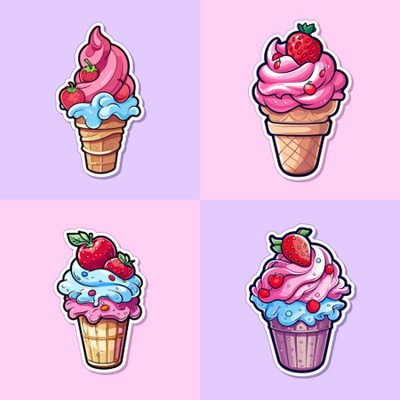 strawberry ripple ice cream sticker cool colors kawaii clip art illustration collectionのイラスト素材