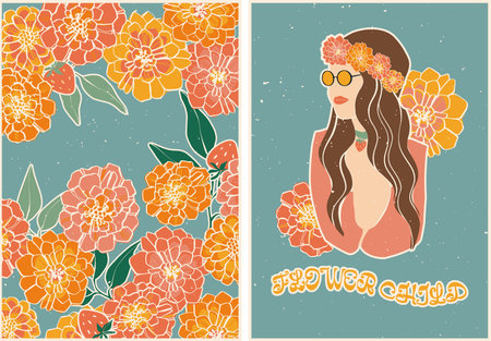 Set of posters in retro style with flowers, strawberries and a girl in a floral wreath and sunglasses. vintage retro style. Psychedelic wallpaper. Colorful vector art design. 60s, 70s, hippies. Set of postcard, poster design.のイラスト素材