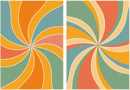 Set of posters in retro style. Rainbow abstract background. Beams of positivity. Psychedelic wallpaper. Colorful vector art design. 60s, 70s, hippies. Postcard set, poster design.のイラスト素材