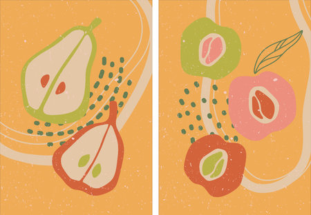 Set of posters with abstract fruits. Colorful abstraction in modern style. Stylized vegetables and fruits. Vector illustration design. template design.のイラスト素材