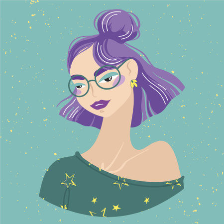 Beautiful girl with colored hair and round glasses. Avatar for social network. fashion illustration isolated on background.のイラスト素材