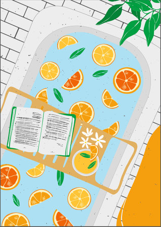 Bath with oranges and citruses. Read a book in the bathroom. Scandinavian interior. A set of posters. Decorated bath for a pleasant evening. personal care. Home spa for lifestyle design. Trendy banner for any design. Elegant, modern style.のイラスト素材