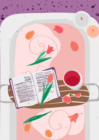 Bath with tulips and flower buds. Book with a glass of red wine and figs. A set of posters. Decorated bath for a pleasant evening. personal care. Home spa for lifestyle design. Trendy banner for any design. Elegant, modern style.のイラスト素材