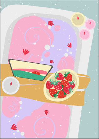 Bath with pink foam and flowers. Cinema on the tablet while taking a bath. Strawberries and candles for the atmosphere. A set of posters. Decorated bath for a pleasant evening. personal care. Home spa for lifestyle design. Trendy banner for any design. Elegant, modern style.のイラスト素材