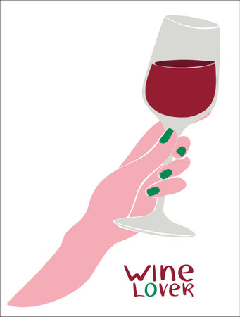A woman's hand with a manicure holds a filled glass of red wine. Inscription wine lover. Vector illustration design. isolated background. cartoon style. transparent background. flat designのイラスト素材