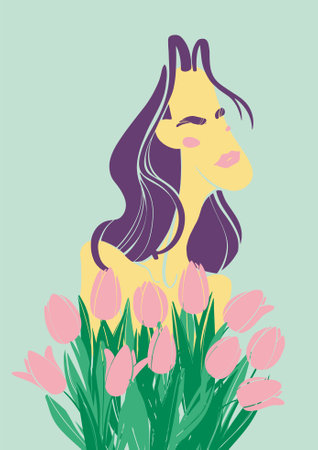 Girl in a bouquet of flowers on a colorful background. Bust of a young girl in tulips. Spring woman poster design. Festive banner, poster. fashion advertisement.のイラスト素材