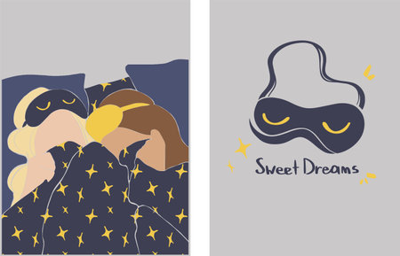 Beautiful poster with girls on a soft background. A friendly night at a friend's. Girls wearing sleep masks in a minimalist style. vector concept. vector art.のイラスト素材