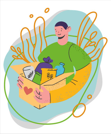 Volunteer holding a box of food. Charity. Help people in difficult situations. Helping hand, support, social care. Vector illustration in a flat style.のイラスト素材