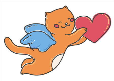 Orange cat cupid holding a heart. Angel cat. Valentine's day card. Vector illustration in a flat style.のイラスト素材