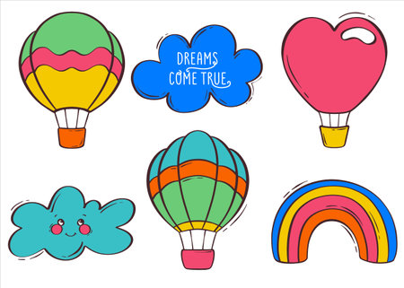 Set with balloon, rainbow and cloud with cute face. Lettering dreams come true. Multicolored hot air balloon in flat style. colorful vector illustration. vector background.のイラスト素材