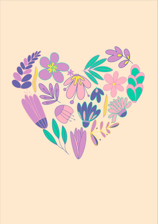 Pink lilac flowers are laid out in a composition in the form of a heart. Cute flowers on Very Peri color vector background. Festive floral decor. wedding invitation. Colorful vector art design.のイラスト素材