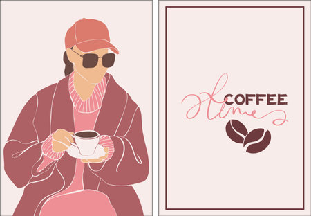 A young girl holds a cup of coffee in her hands. Girl in a cap and coat in a street cafe. Fashion coffee, great design for any purpose. vector drawing. natural aromatic drink. vector concept.のイラスト素材