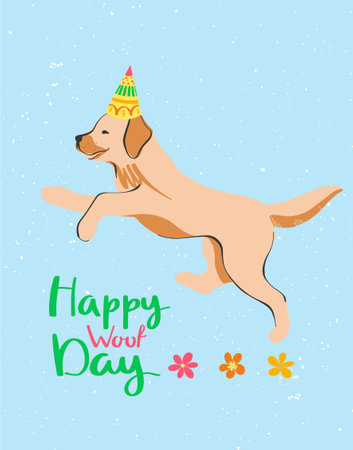 Beautiful postcard with a labrador puppy in a festive cap. creative vector illustration. happy birthday design. party decor.のイラスト素材