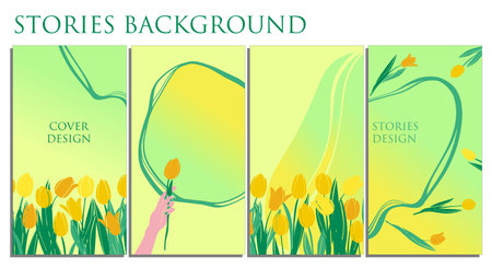 Editable social media story templates in modern style. Abstract background for stories with tulips. Collection of hand drawn backgrounds with floral elements. Modern advertising design in social networks.のイラスト素材