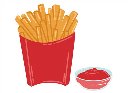 French fries and kntchup. Illustration with fast food. American street food in flat style. Fast food cafe vector illustrationのイラスト素材