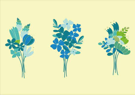 A set of cute bouquets of flowers in blue and green colors. Flowers for concept design. Summer vacation invitation. vector illustration elements.のイラスト素材