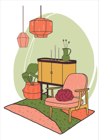 Scandinavian living room interior. Stylish armchair, chest of drawers, lamp and basket with a home plant. Cozy interior. Vector illustration with hygge style furniture. Simple flat design.のイラスト素材