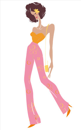 Fashion illustration of a beautiful girl. Colorful street fashion illustration. retro style. magazine vector illustration. print design.のイラスト素材